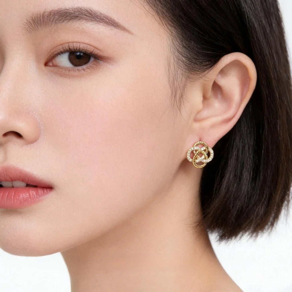 Light Luxury Copper Zircon Flower Knot Hollow Square Stud Earrings
