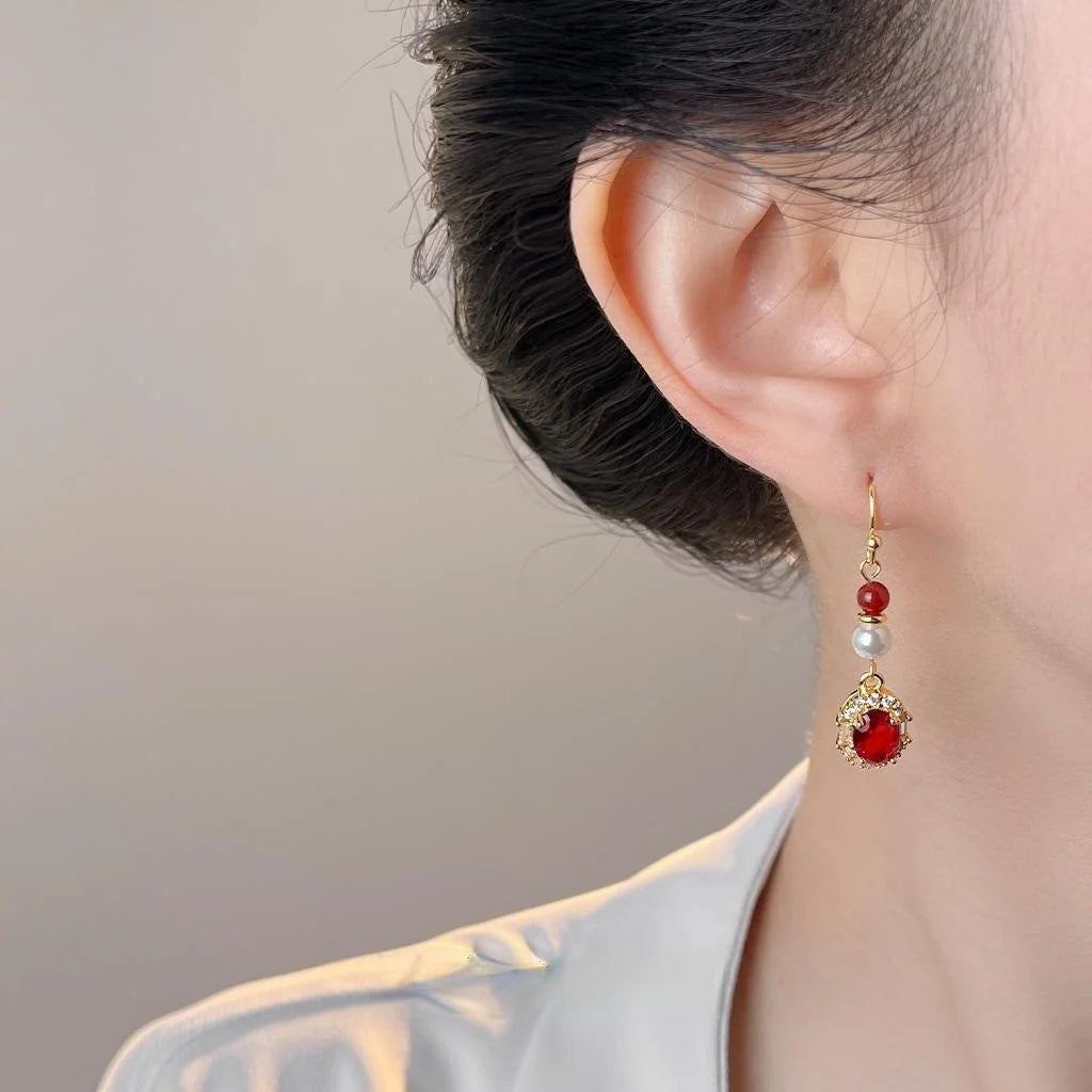 Vintage Copper Red Agate Pearl Zircon Geometric Round Tassel Drop Earrings For Women