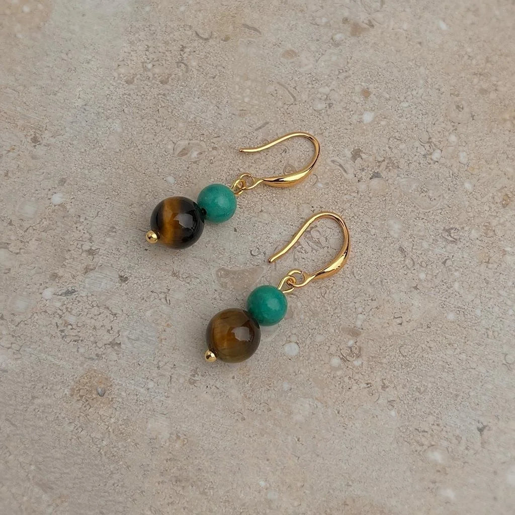 Handmade Tiger Eye Synthetic Turquoise Geometric Drop Earrings Vintage Ethnic Teardrop Jewelry