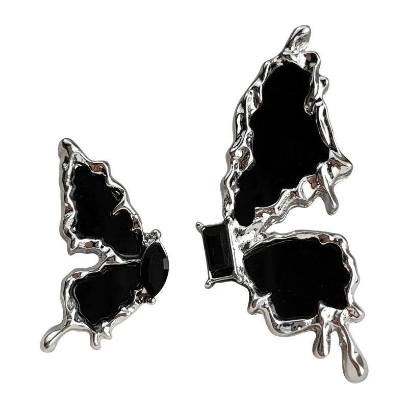 Sweet Cool Asymmetric Black Butterfly Zircon Stud Earrings With Silver Plated Posts