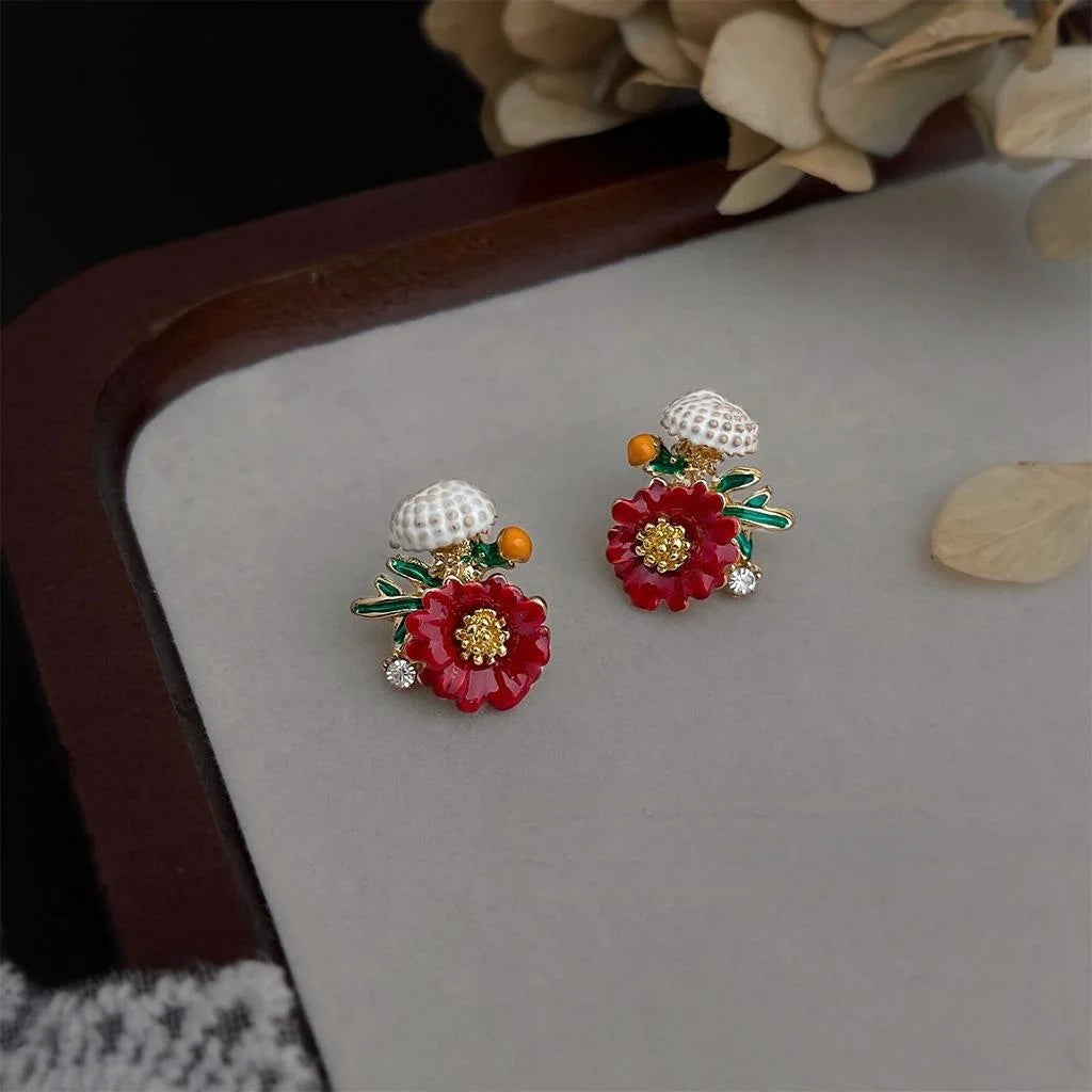 French Oil Painting Style Red Flower Drip Glaze Stud Earrings