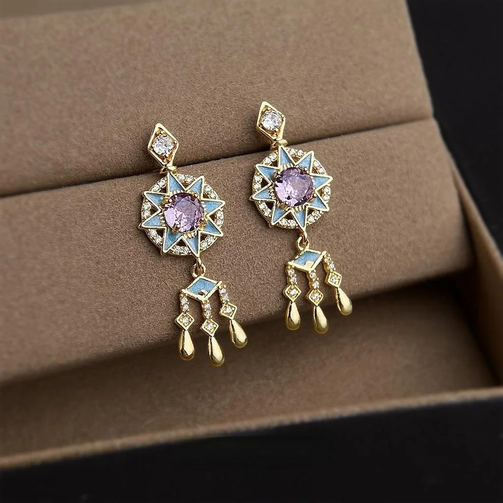 Original Designer Dreamcatcher Enamel Painted Micro Pave Zircon Tassel Drop Earrings In Eco Copper