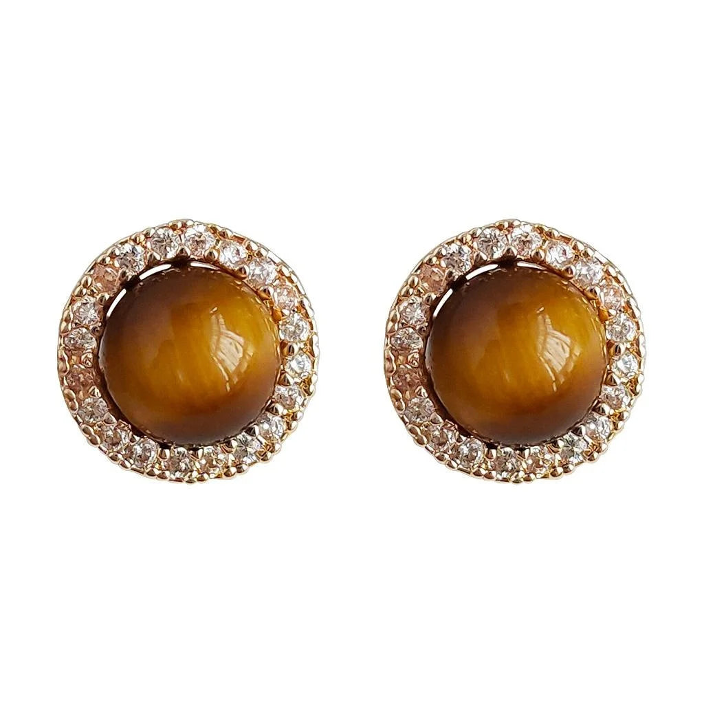 14K Gold Plated Copper Tiger Eye Zircon Round Geometric Stud Earrings Old Money Style