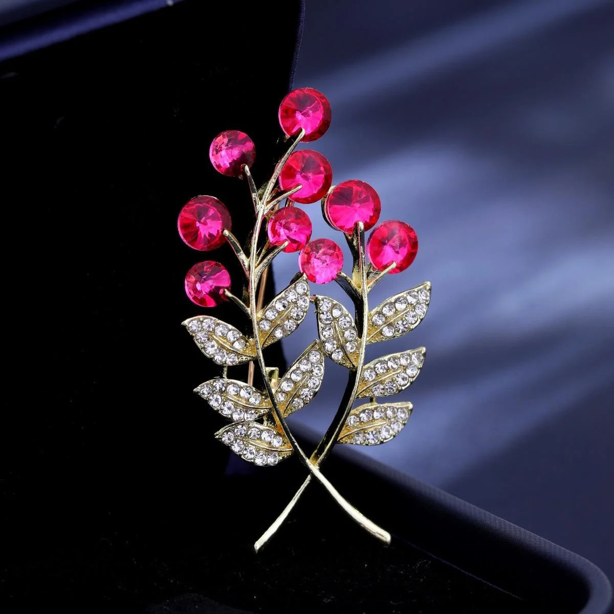 Luxury Money Tree Plant Brooch With Pink Rhinestone Berries, Gold Alloy Leaf Lapel Pin Corsage Gift