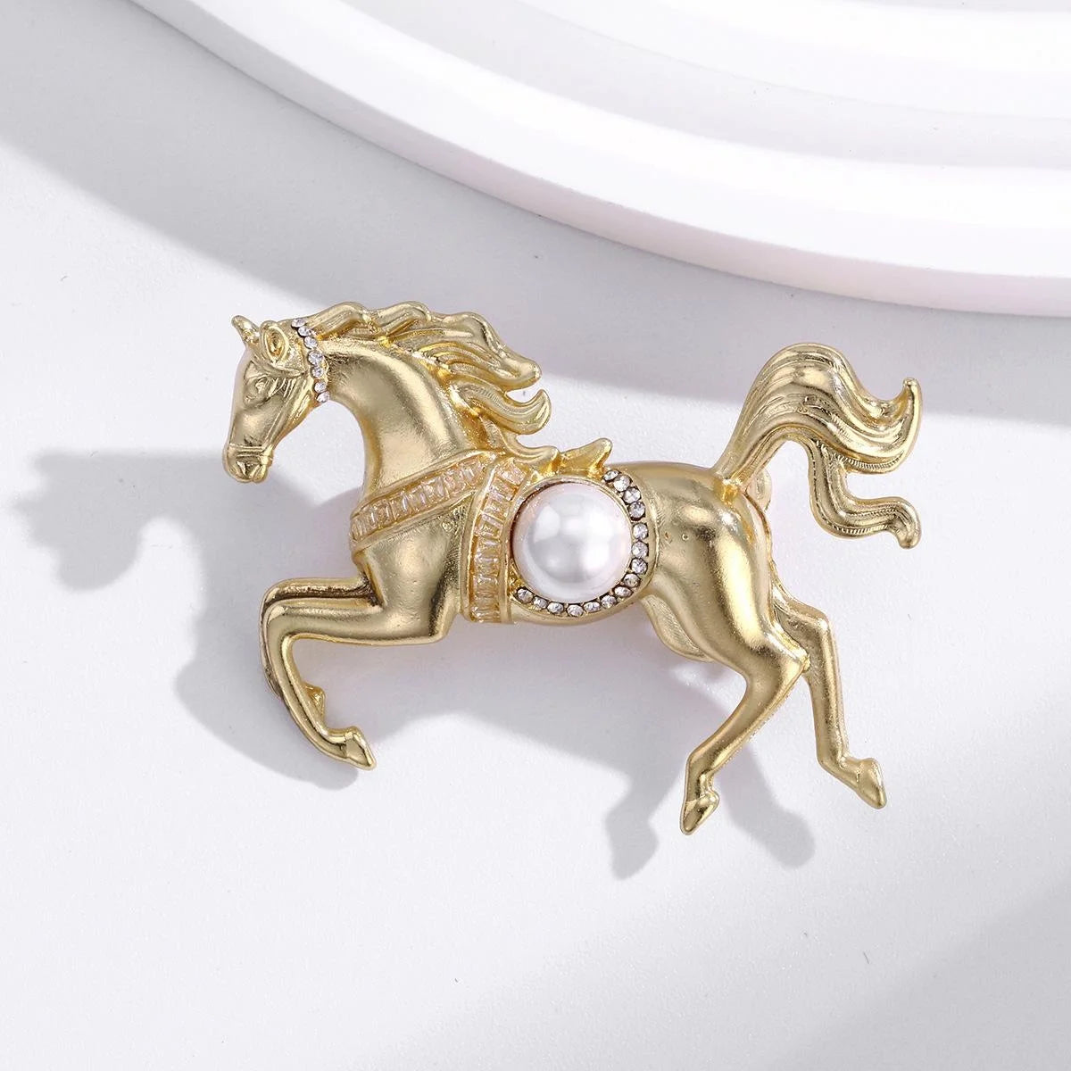 Elegant Gold Alloy Galloping Horse Brooch With Faux Pearl And Rhinestones, Luxury Lapel Pin Suit Accessory