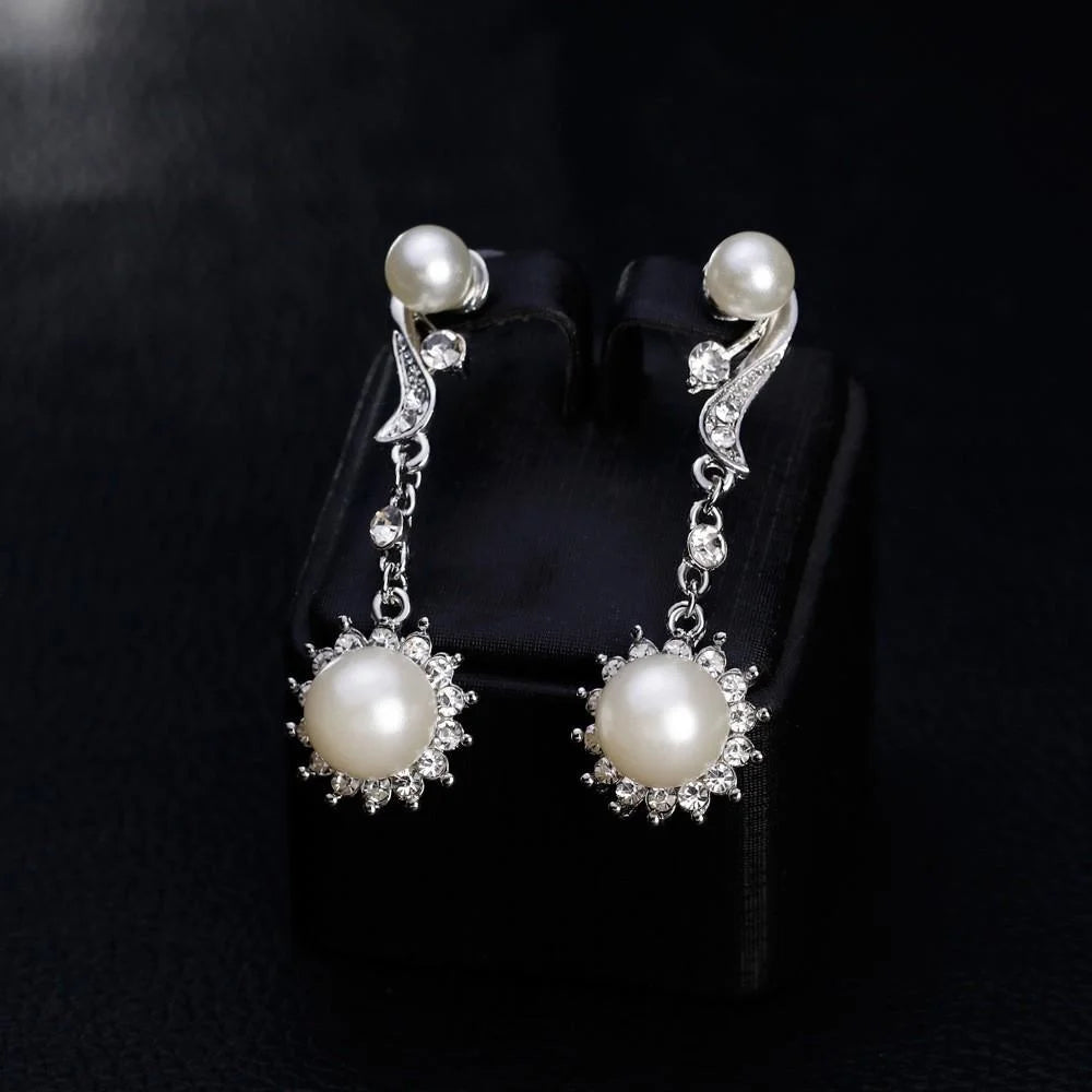 Elegant Pearl Rhinestone Necklace And Earrings Jewelry Set Silver Tone Bridal Jewelry For Wedding Party Gift