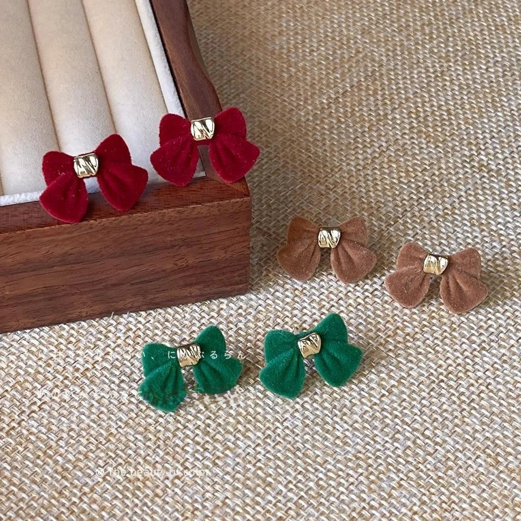 Winter Flocked Bow Stud Earrings Korean Japanese Sweet Cute Silver Plated Metal Jewelry
