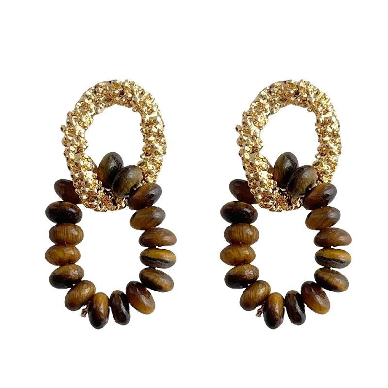 14K Gold Plated Copper Tiger Eye Geometric Hollow Cross Vintage Maillard Handmade Drop Earrings