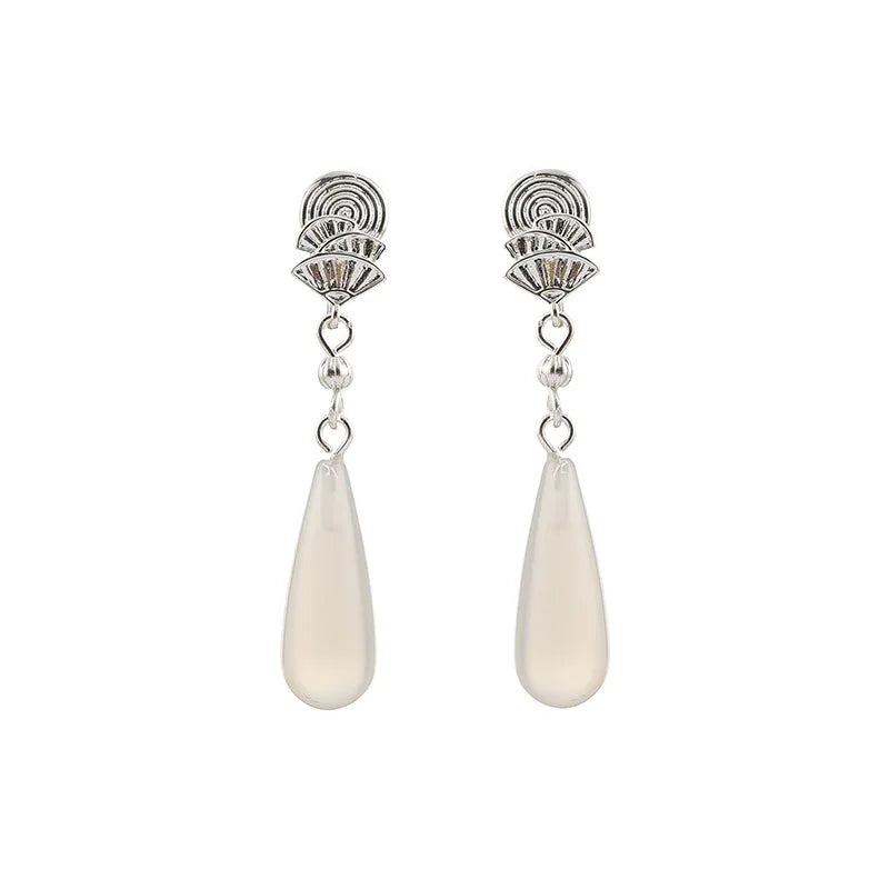 Vintage Chinese Fan Spiral Natural Agate Teardrop Dangle Stud & Clip On No Piercing Earrings