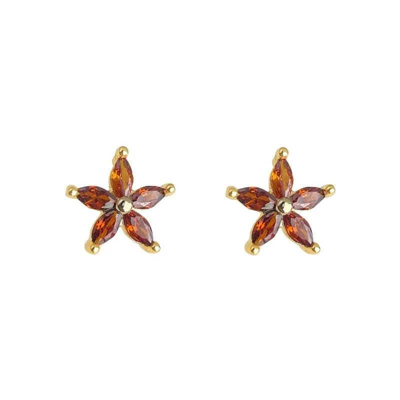 Minimalist Red Zircon Flower Star Stud Earrings Copper Fashion Jewelry