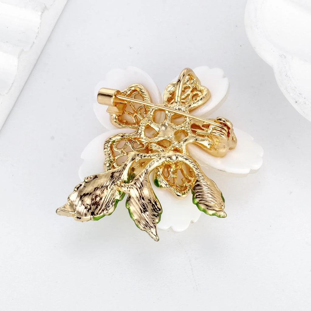 Elegant Pink Flower Brooch With Pearl Center, Rhinestone Zircon Accents And Enamel Leaves, Women's Lapel Pin Gift