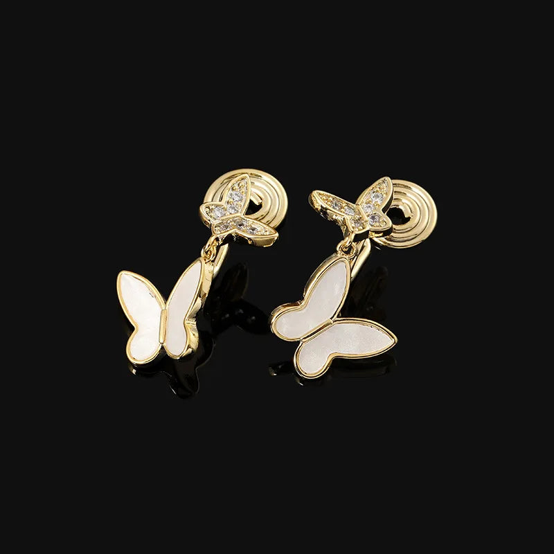 Elegant Rhinestone Enamel Butterfly Drop Stud & Clip On No Piercing Gold Alloy Women's Earrings