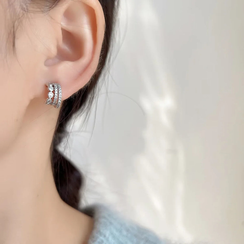 Elegant C-Shaped Zircon Hoop Stud & Clip On No Piercing Silver Tone Commuter Huggie Earrings