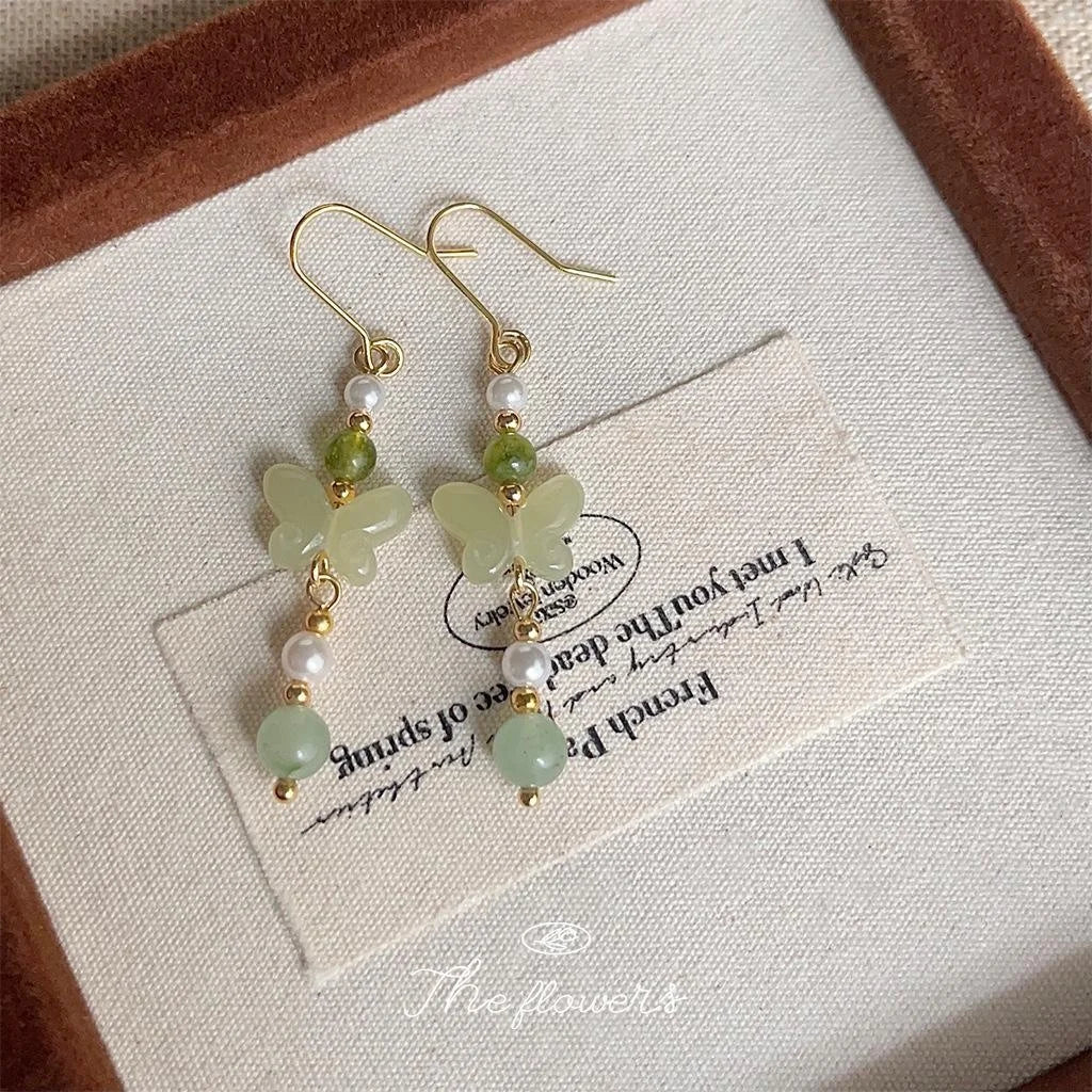 New Chinese Style Butterfly Drop Earrings Glass Crystal Pearl Jade Long Handmade Designer Jewelry