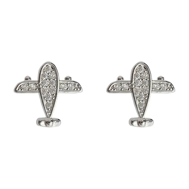 Micro Pave Zircon Mini Airplane Stud Earrings Copper Geometric Quirky Commuter Jewelry