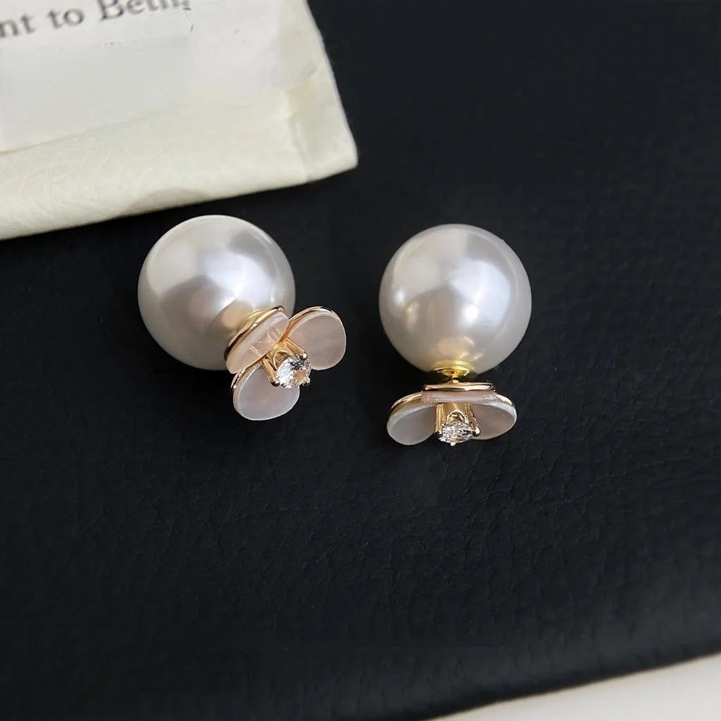 Elegant Real Shell Flower Zircon Inlaid Pearl Flower Drop Earrings For Women