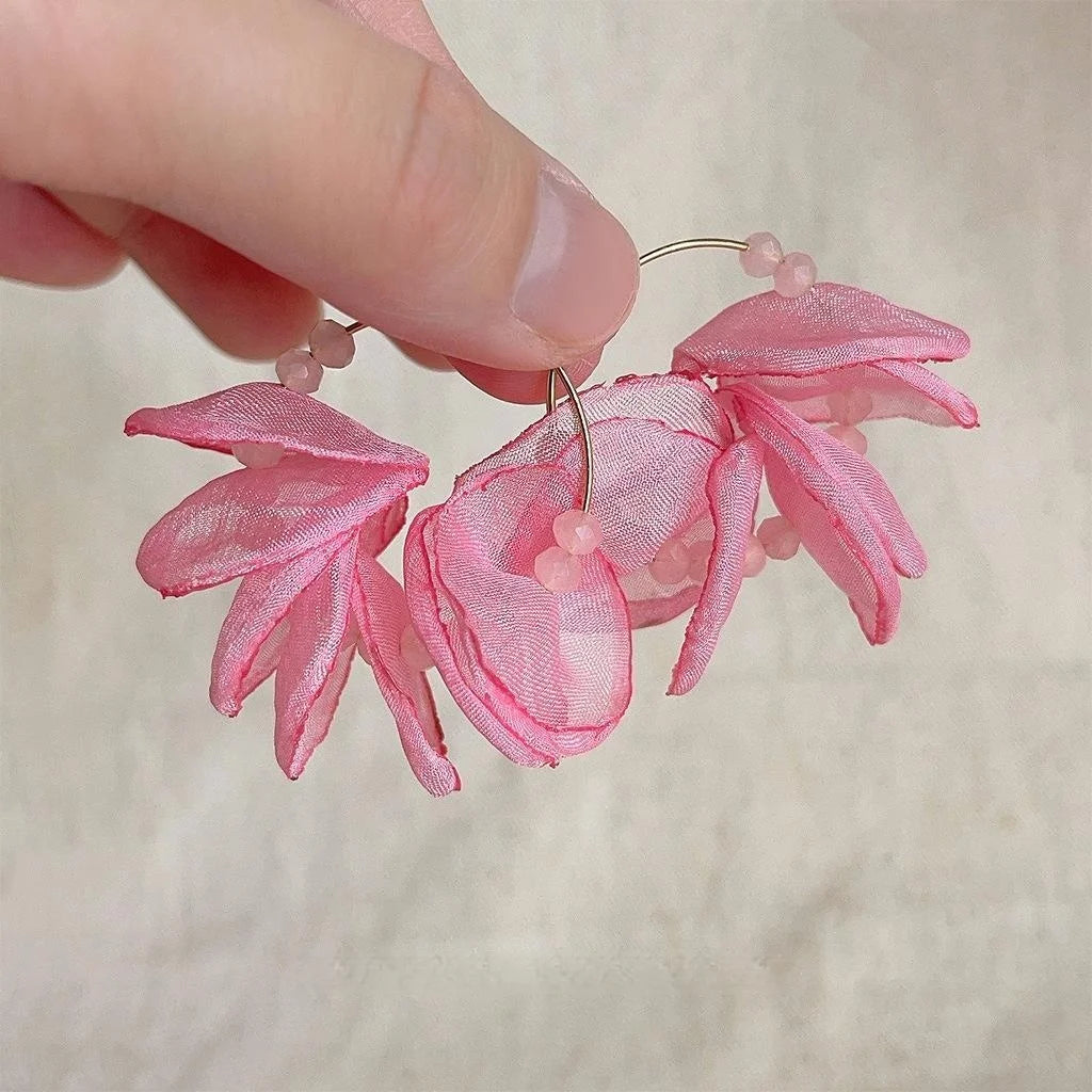 Sweet Summer Handmade Lace Fabric Flower Stud Earrings Elegant Vacation Style Jewelry