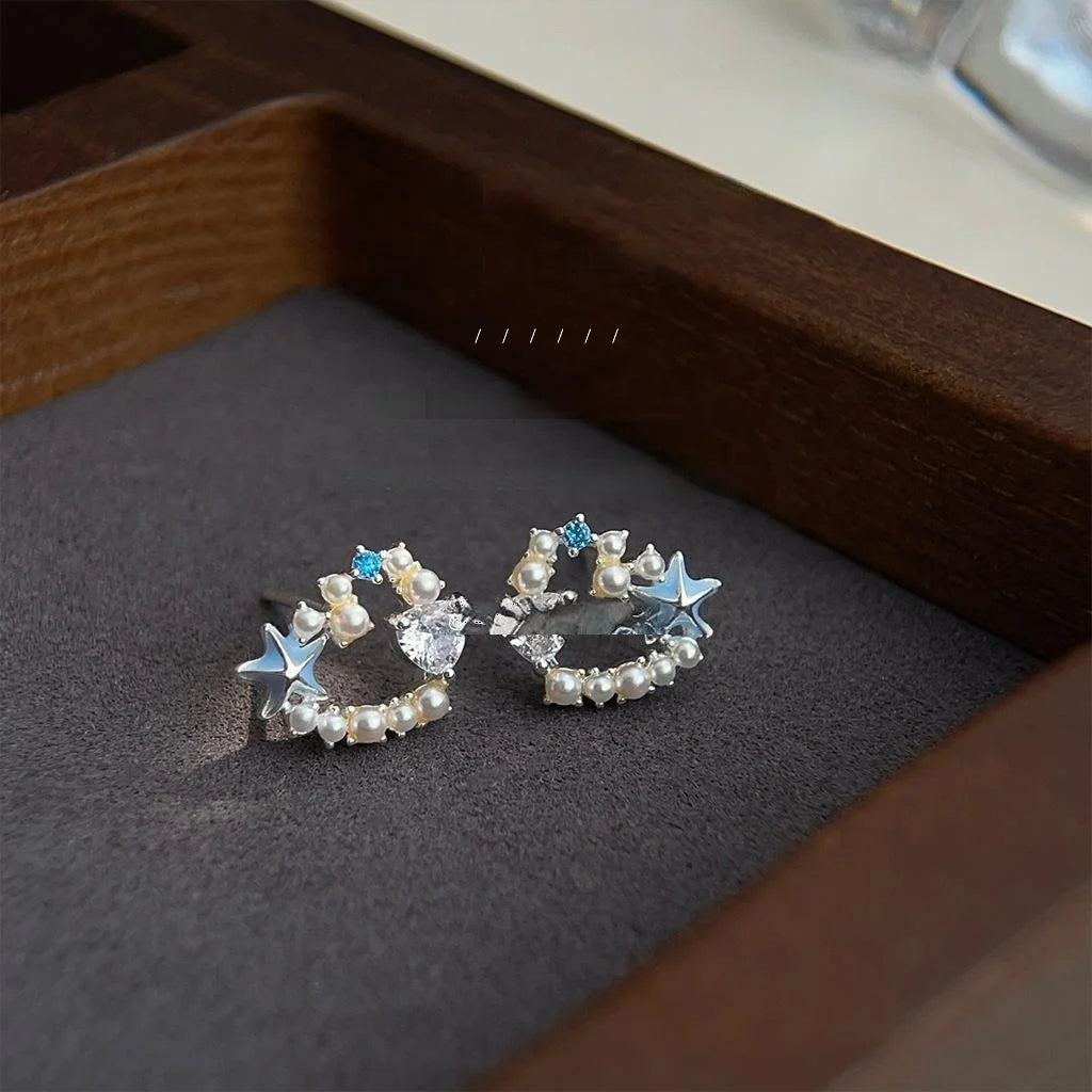 Sweet Vacation Zircon Starfish Heart Hoop Stud Earrings, Copper