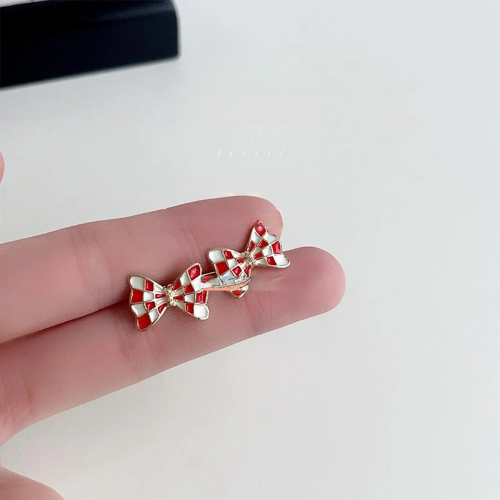 Sweet Vacation Style 14K Gold Plated Copper Bow Stud Earrings With Enamel Drip Design