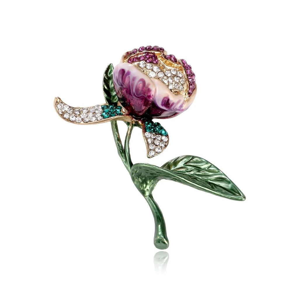 Elegant Purple Enamel Tulip Flower Brooch With Rhinestone Leaves, Women's Lapel Pin Suit Accessory Gift