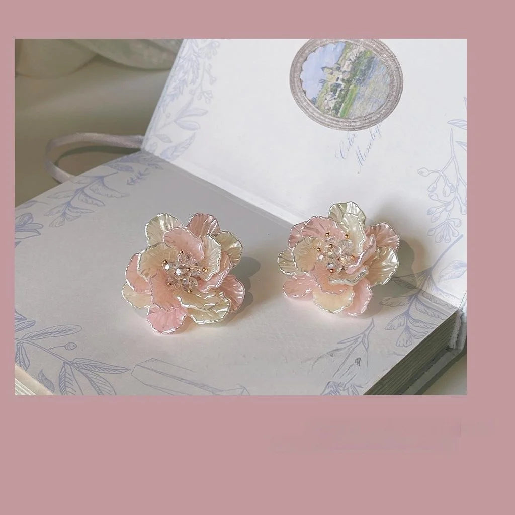 Cute Pink Acrylic 3D Flower Petal Stud Earrings With Silver Plated Pins For Street Style