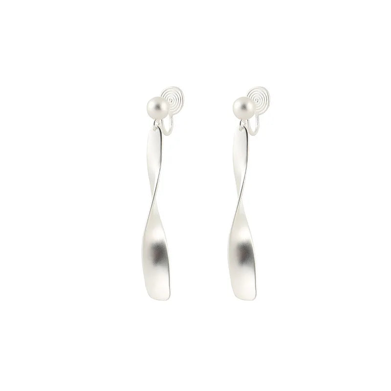 Vintage Matte Alloy Twisted Ribbon Long Drop Stud & Clip On No Piercing Women's Fashion Earrings