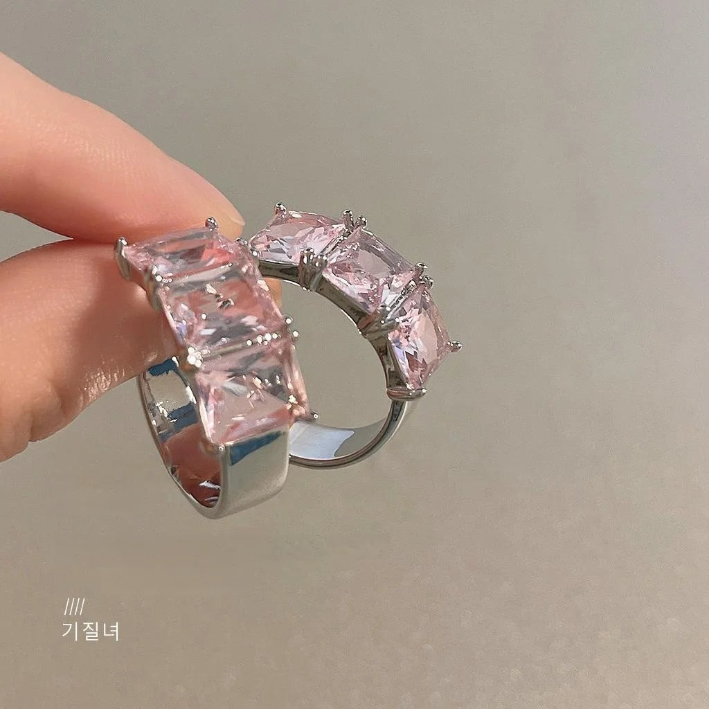 Sweet Cool Pink Zircon Sugar Cube C-Shaped Copper Hoop Earrings With Silver Plated Pins