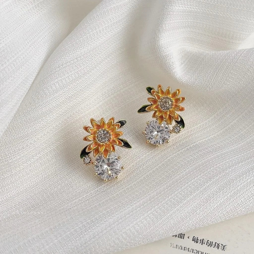 Vintage Sunflower Enamel Copper Drop Earrings With Micro Pave Zircon Floral Design