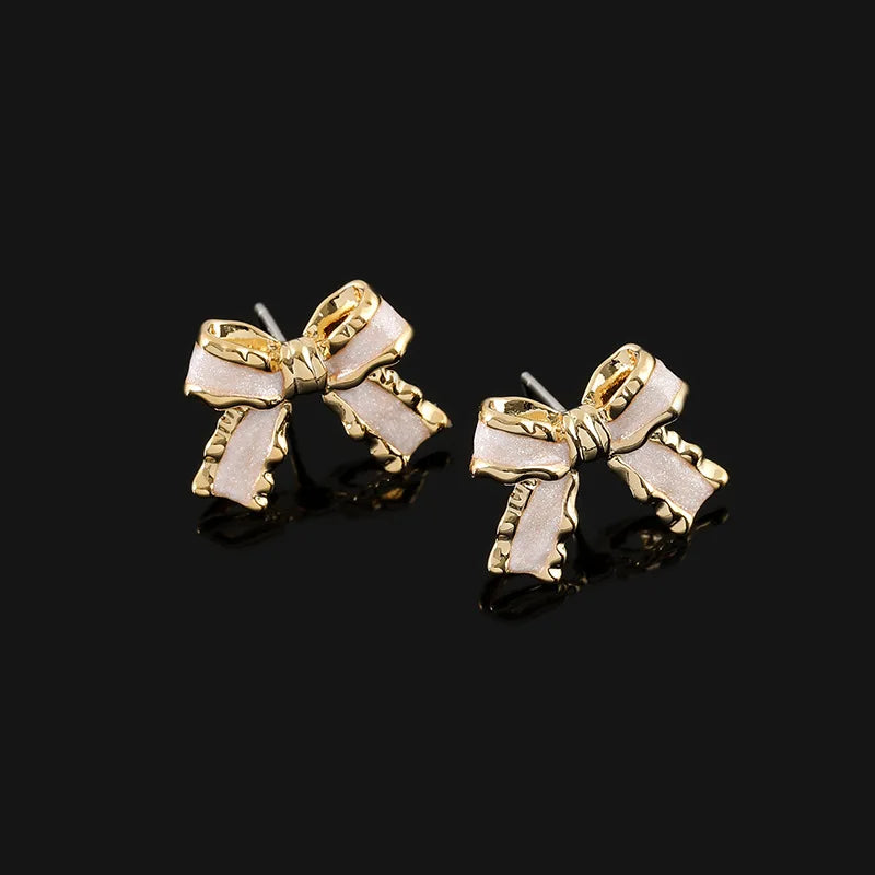 Elegant Pink Enamel Bow Stud & Clip On No Piercing Gold Alloy Ribbon Knot Fashion Jewelry Earrings