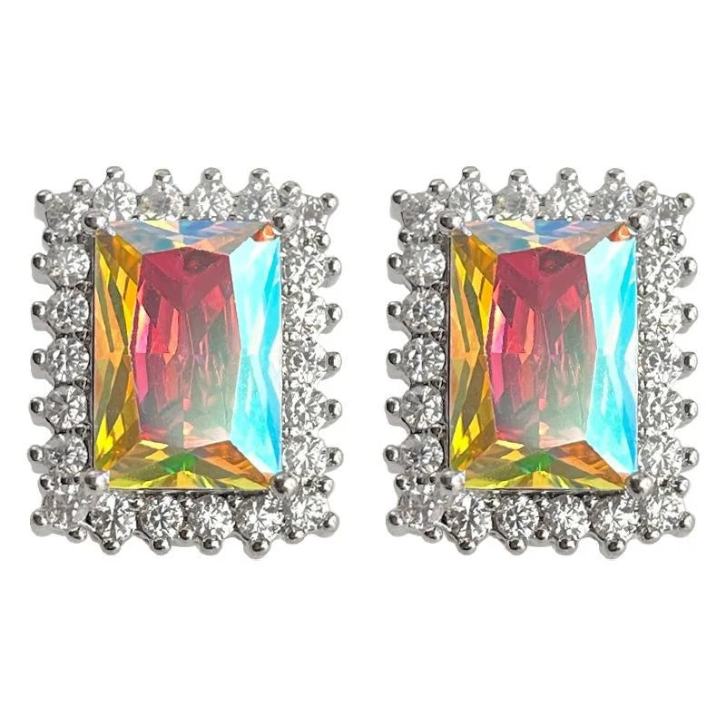 Luxury Geometric Square Zircon Stud Earrings Copper Colorful Sparkle Women's Jewelry