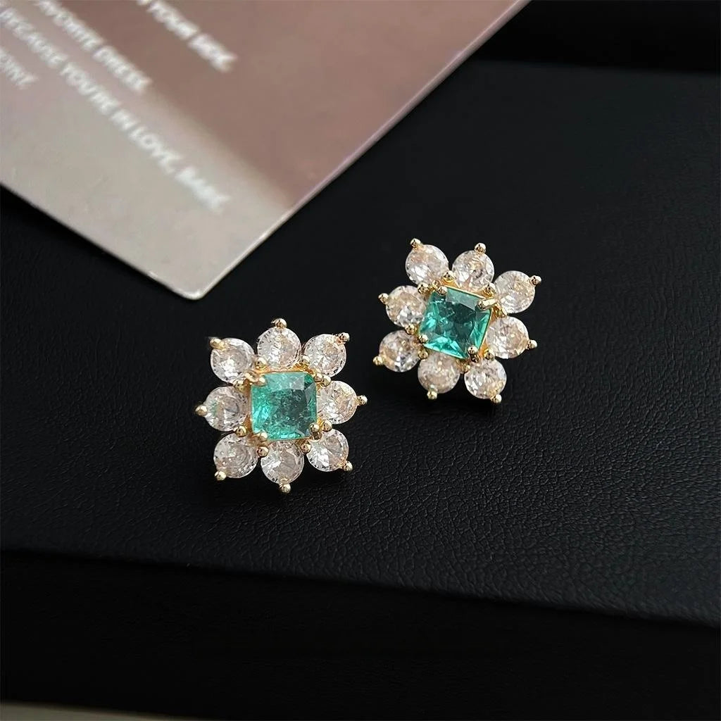 Ice Blue Zircon Flower Stud Earrings Copper Silver Plated Light Luxury Ear Jewelry
