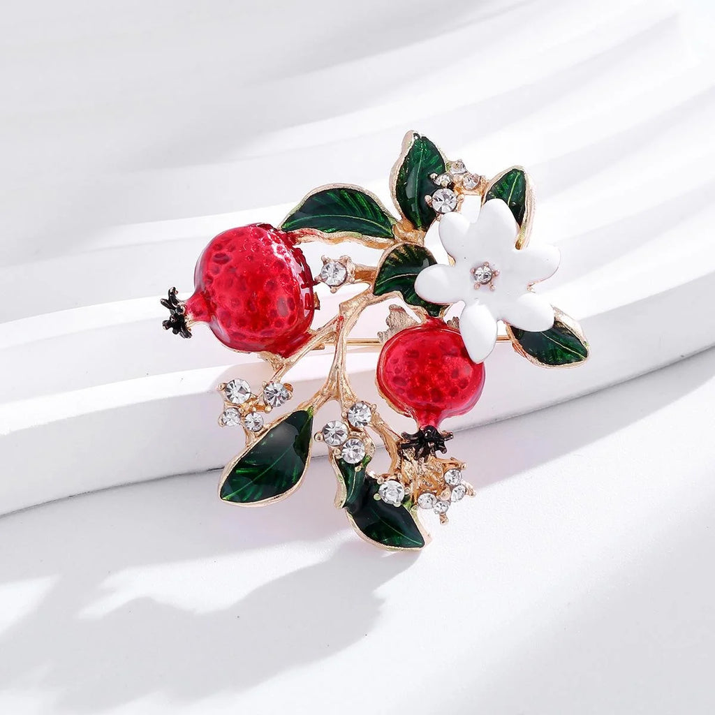 Elegant Enamel Pomegranate Flower Brooch With Rhinestones, Alloy Fruit Leaf Lapel Pin Suit Accessory Gift