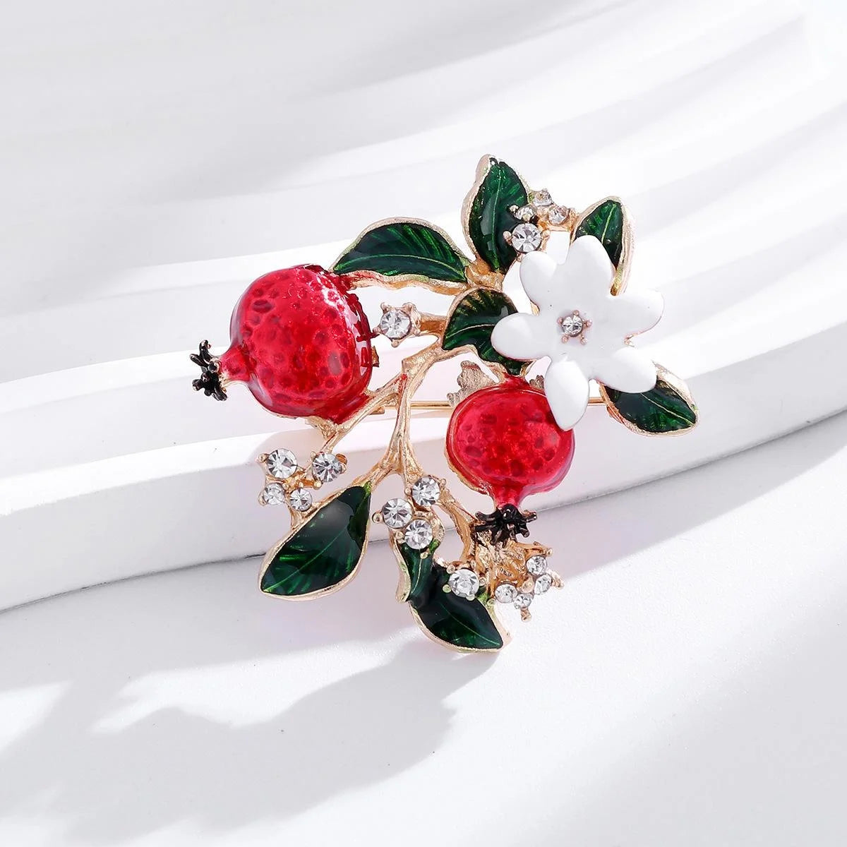 Elegant Enamel Pomegranate Flower Brooch With Rhinestones, Alloy Fruit Leaf Lapel Pin Suit Accessory Gift