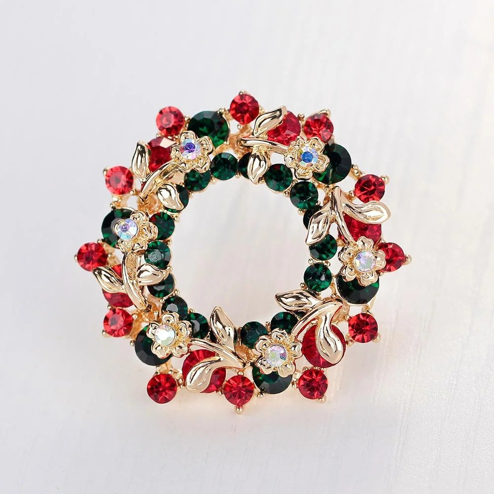 Elegant Christmas Wreath Brooch With Red Green Rhinestones And Gold Alloy Leaves, Lapel Pin Corsage Gift