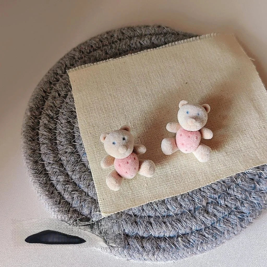 Winter Cute Plush Bear Stud Earrings With Silver Plated Posts, Korean Japanese Girly Jewelry