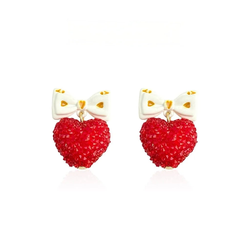 Rhinestone Enamel Bow Heart Drop Earrings Cute Sweet Jewelry
