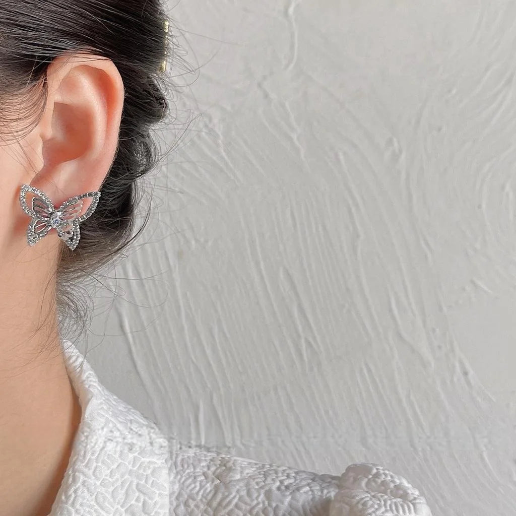 Sweet Cool Butterfly Zircon Stud Earrings Silver Plated Micro Pave Insect Jewelry