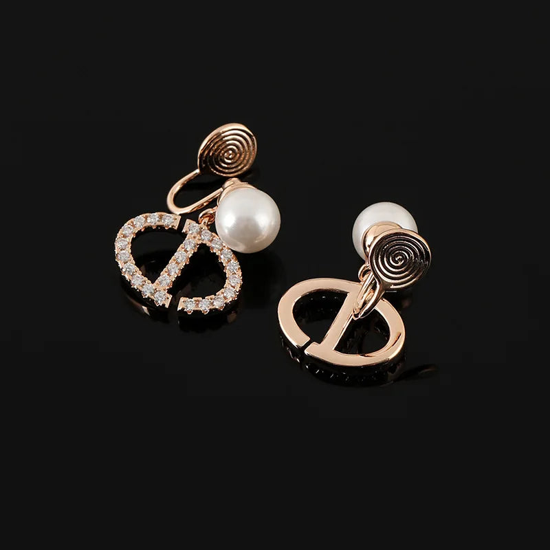 Elegant Rhinestone Letter Pendant Pearl Alloy Stud & Clip On No Piercing Spiral Drop Earrings
