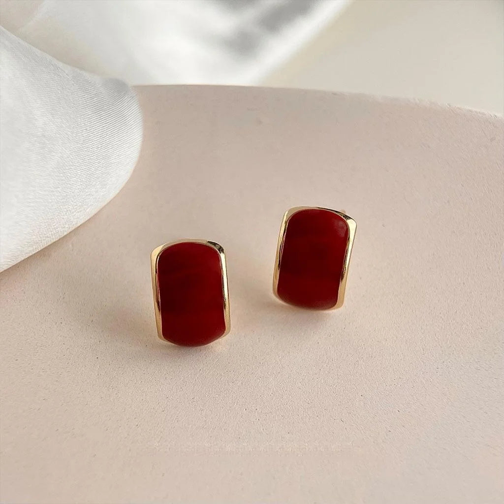Hong Kong Style Vintage Burgundy Enamel Oval Copper 14K Plated Stud Earrings