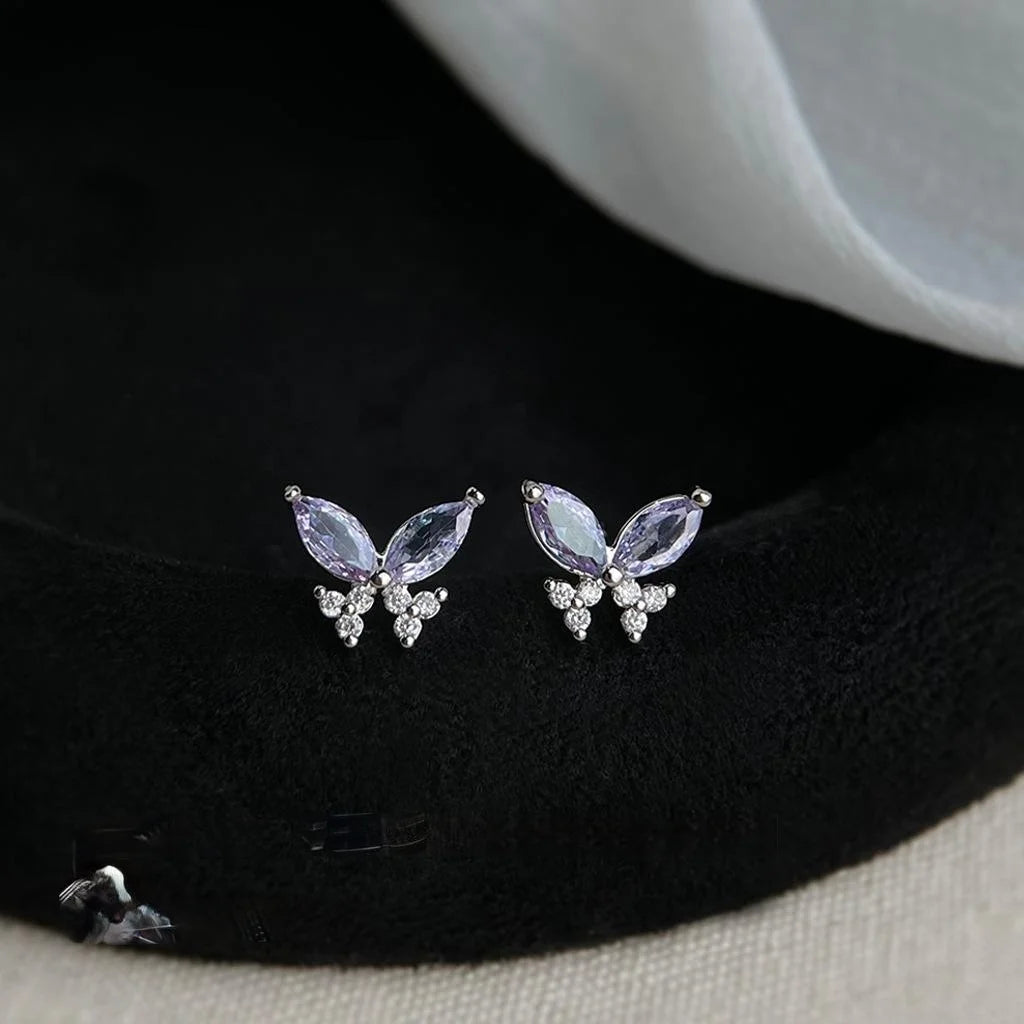 Sweet Purple Zircon Butterfly Stud Earrings Silver Plated Copper Light Luxury Jewelry