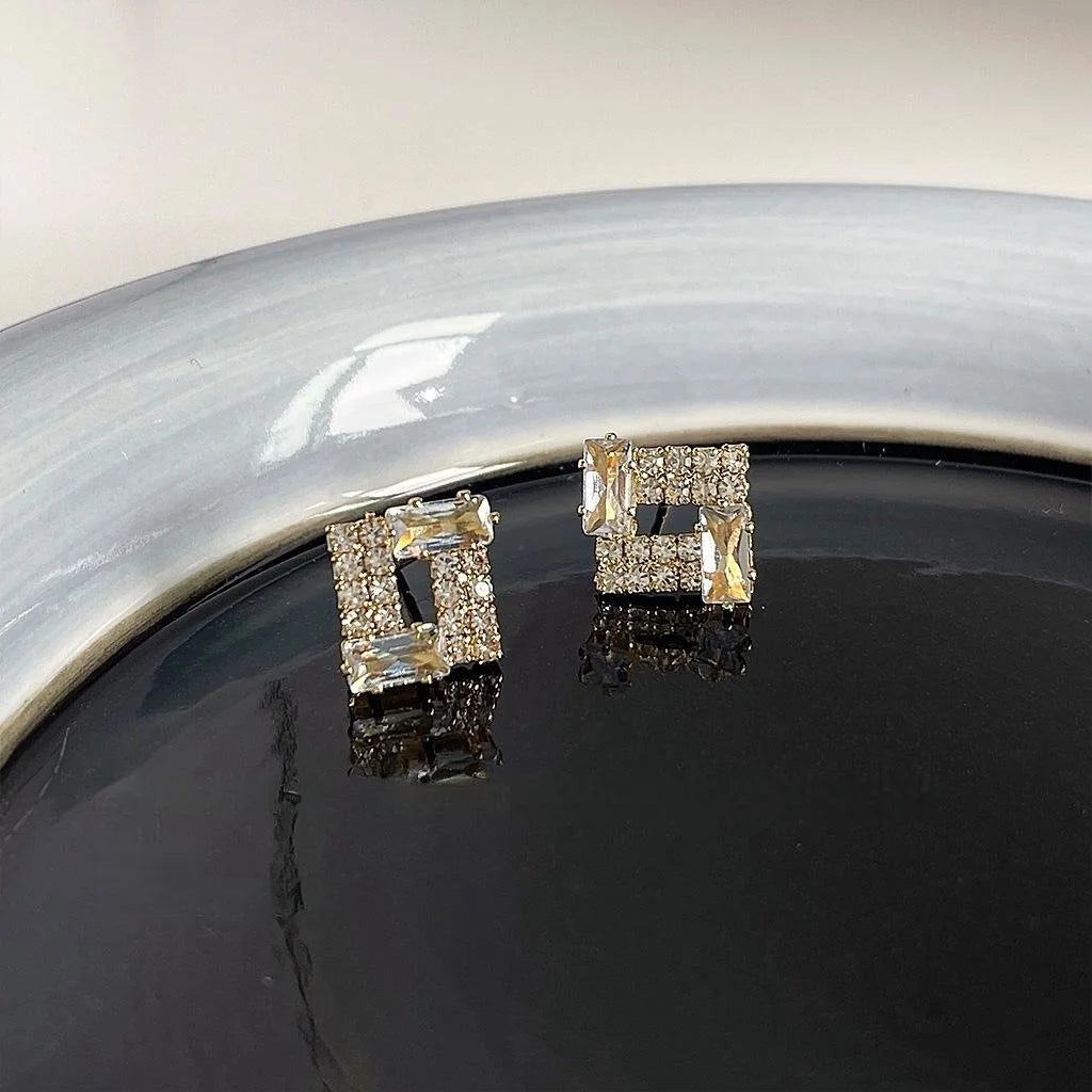 Micro Pave Zircon Copper Stud Earrings Minimalist Hollow Square Geometric Light Luxury Jewelry