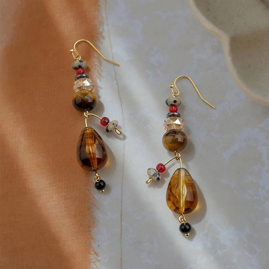 French Vintage Designer Tassel Drop Earrings With Teardrop Crystal Glass Tiger Eye And Onyx