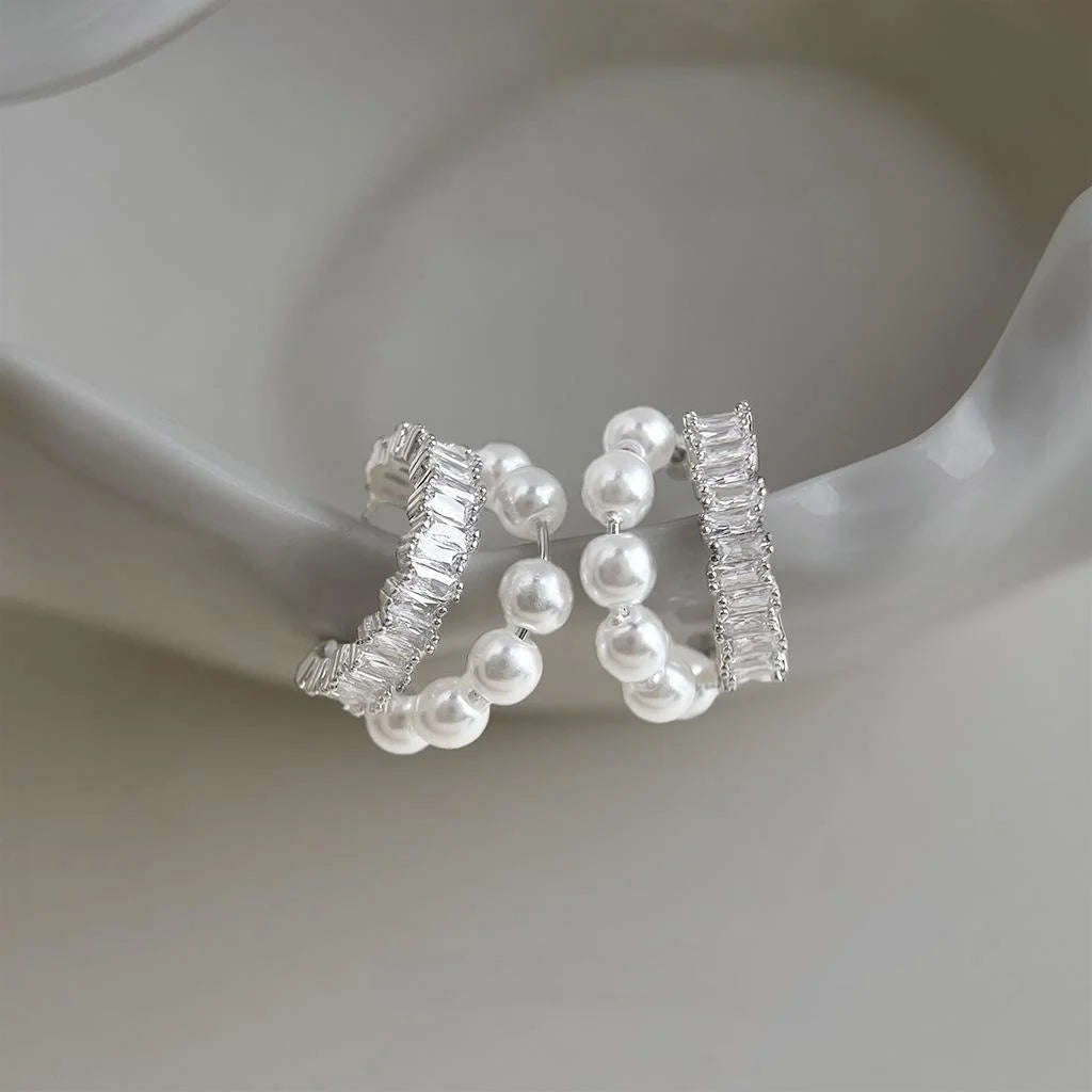 Light Luxury C Shape Geometric Zircon Pearl Drop Earrings Sparkling Round Fashion Ear Jewelry