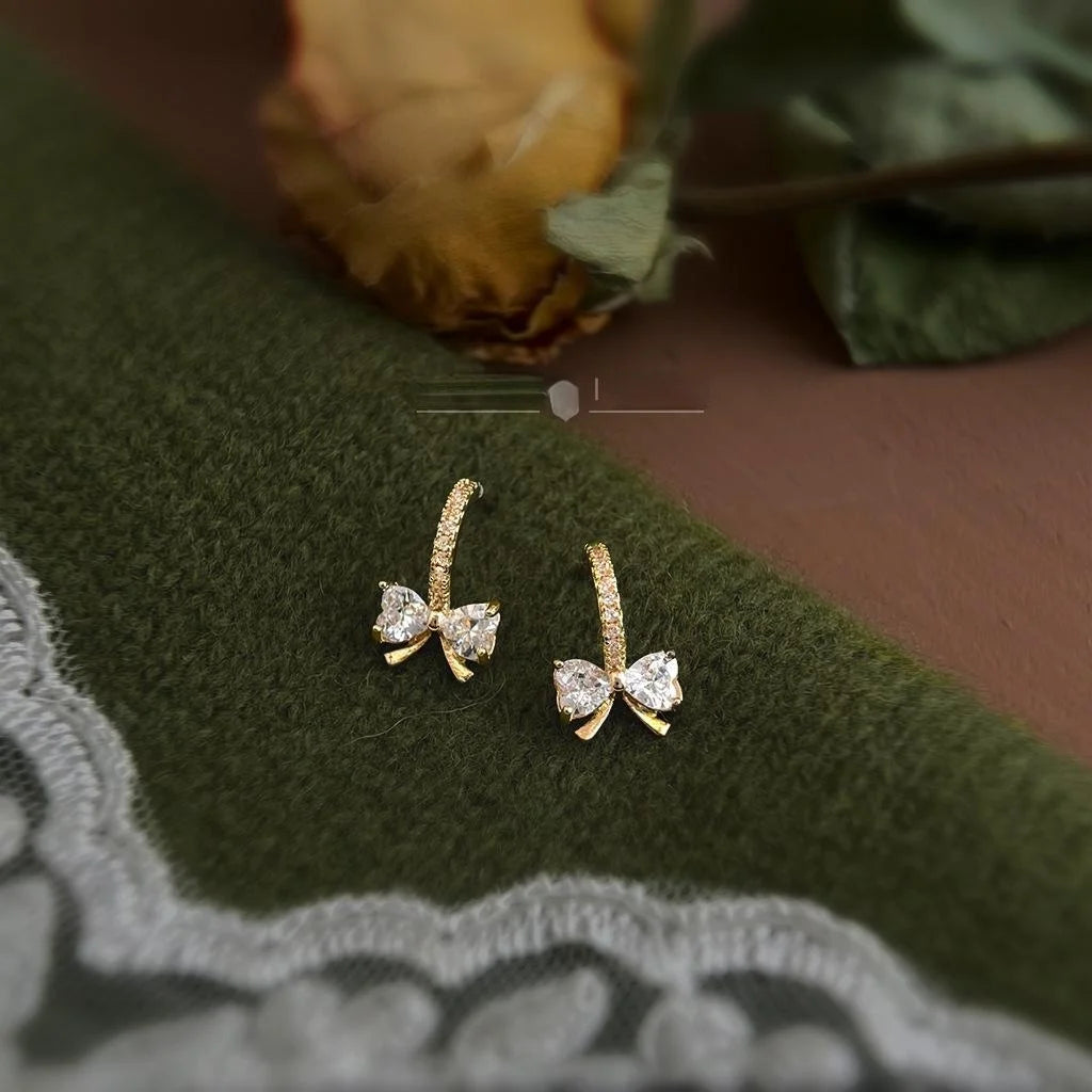 Micro Pave Zircon 14K Plated Bow Stud Earrings Sweet Minimalist Copper Jewelry