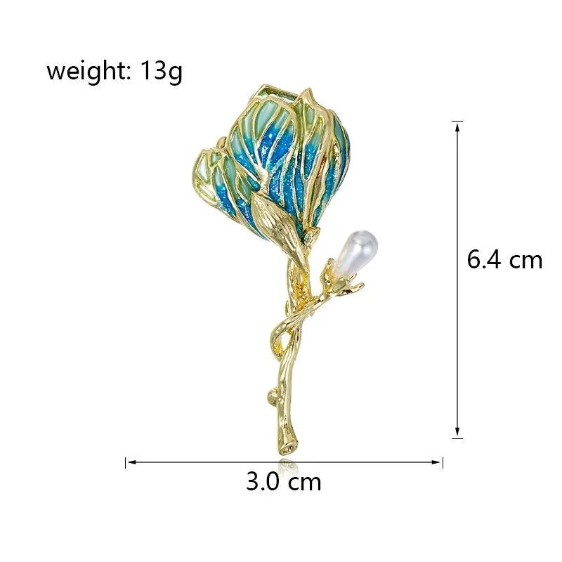 Elegant Pink Enamel Hibiscus Flower Brooch With Gold Alloy Stem And Pearl Bud, Luxury Lapel Pin Gift