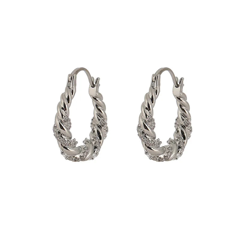 Elegant Silver Alloy Twisted Hoop Zircon Stud & Clip On No Piercing Spiral Huggie Earrings