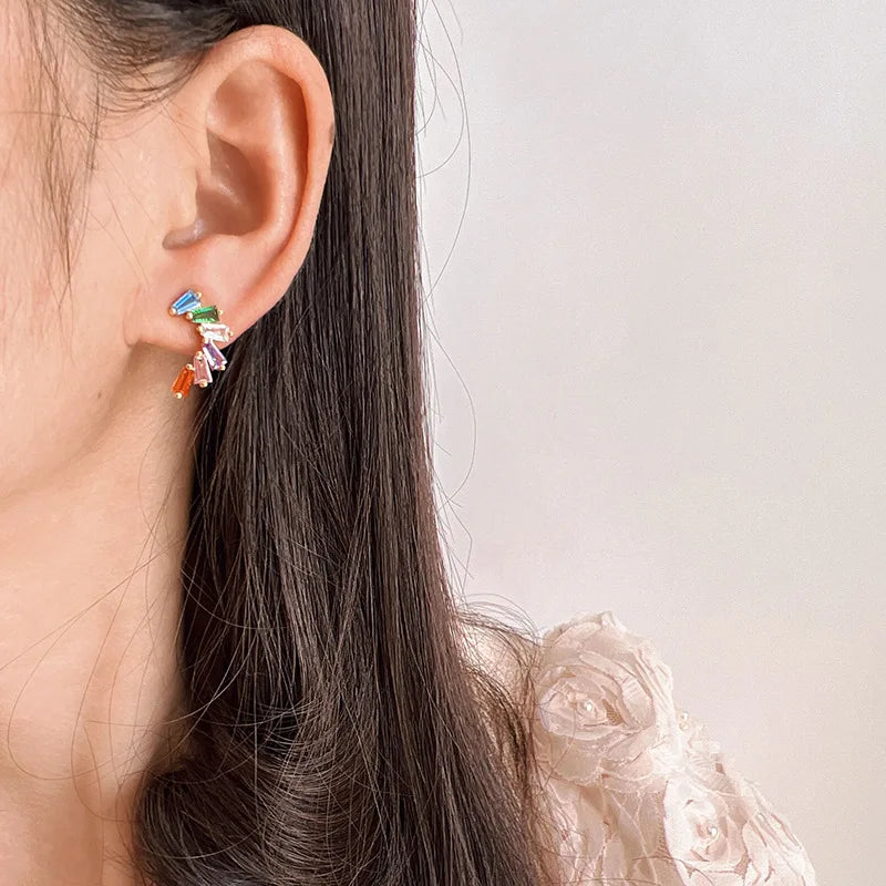 Elegant Geometric Rainbow Baguette Zircon Ear Crawler Stud & Clip On No Piercing Colorful Alloy Earrings