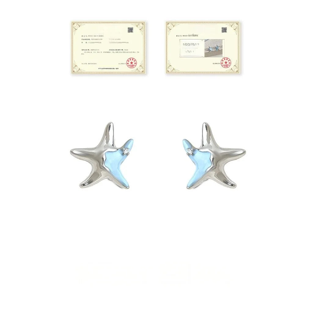 Sweet Blue Enamel Starfish Stud Earrings Silver Plated Copper Ocean Designer Jewelry