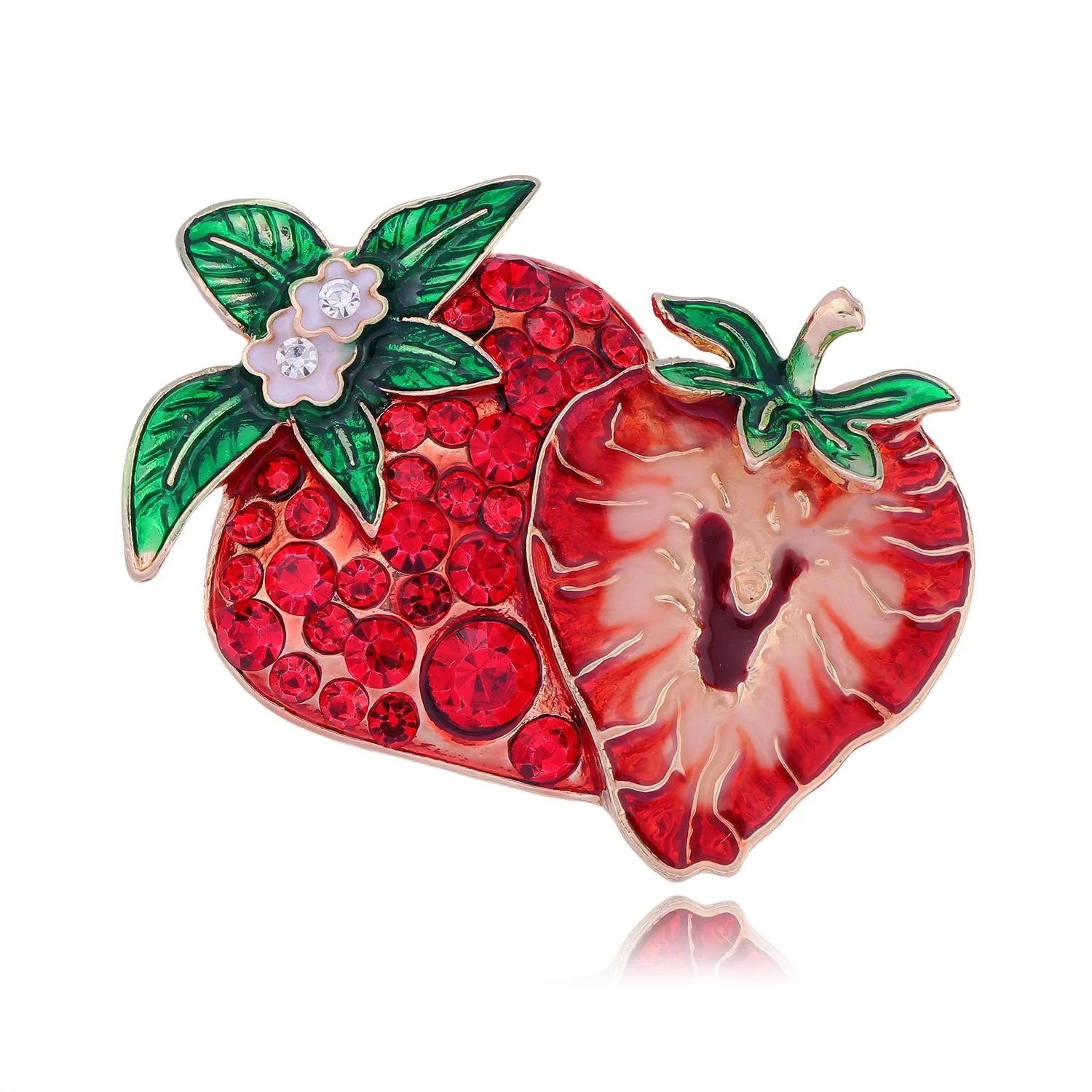 Luxury Red Strawberry Brooch With Enamel Leaves And Rhinestones, Elegant Fruit Lapel Pin Corsage Gift