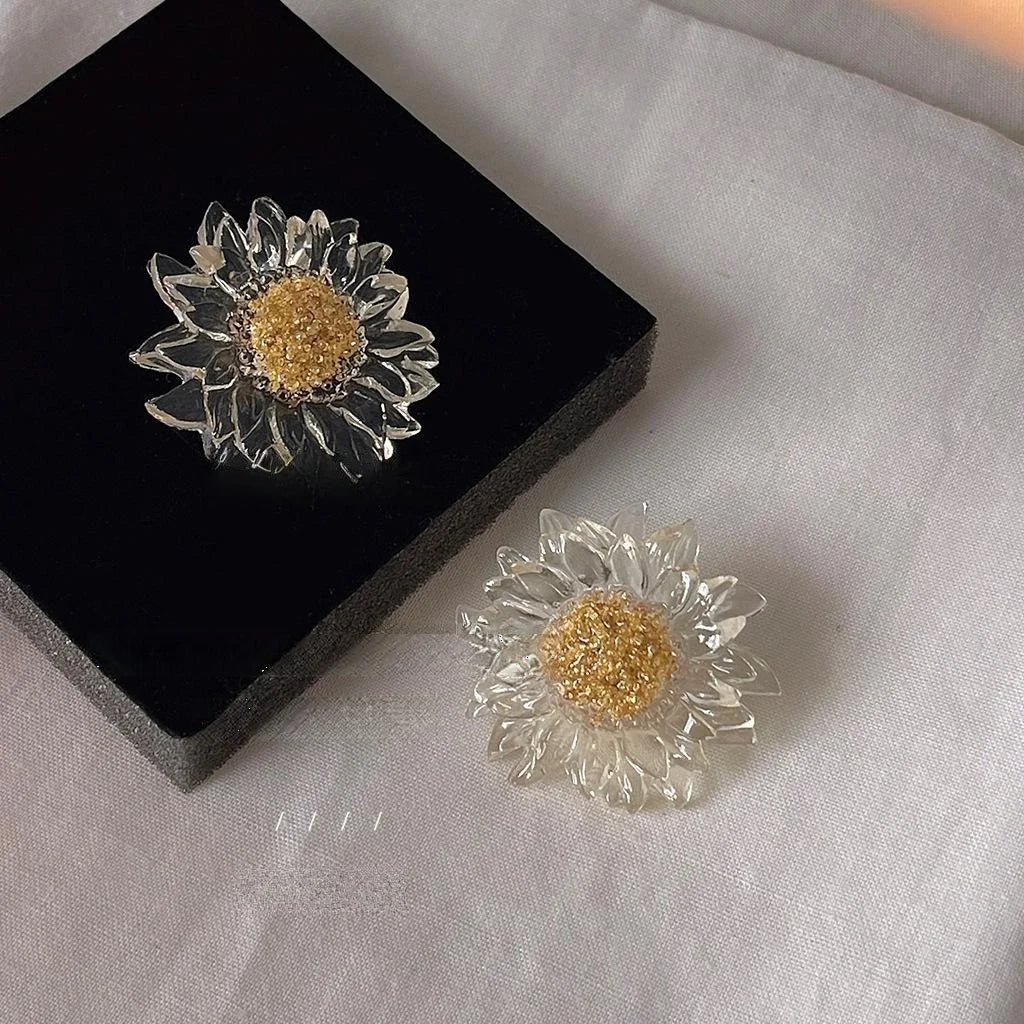 Transparent Resin Sunflower Stud Earrings For Women, Silver Plated Pin Floral Statement Jewelry